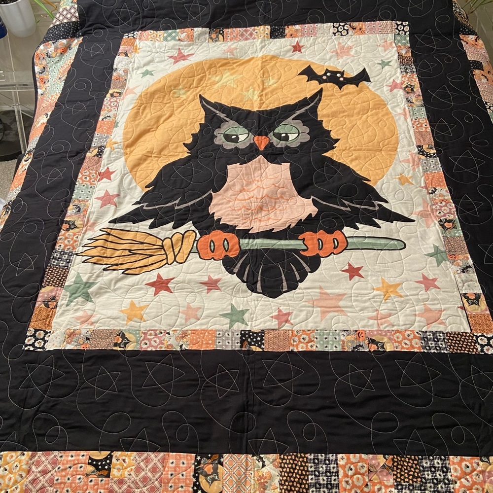 Owl O’ Ween Quilt, 76”x65”, cotton fabric, cotton/scrim batting, handmade